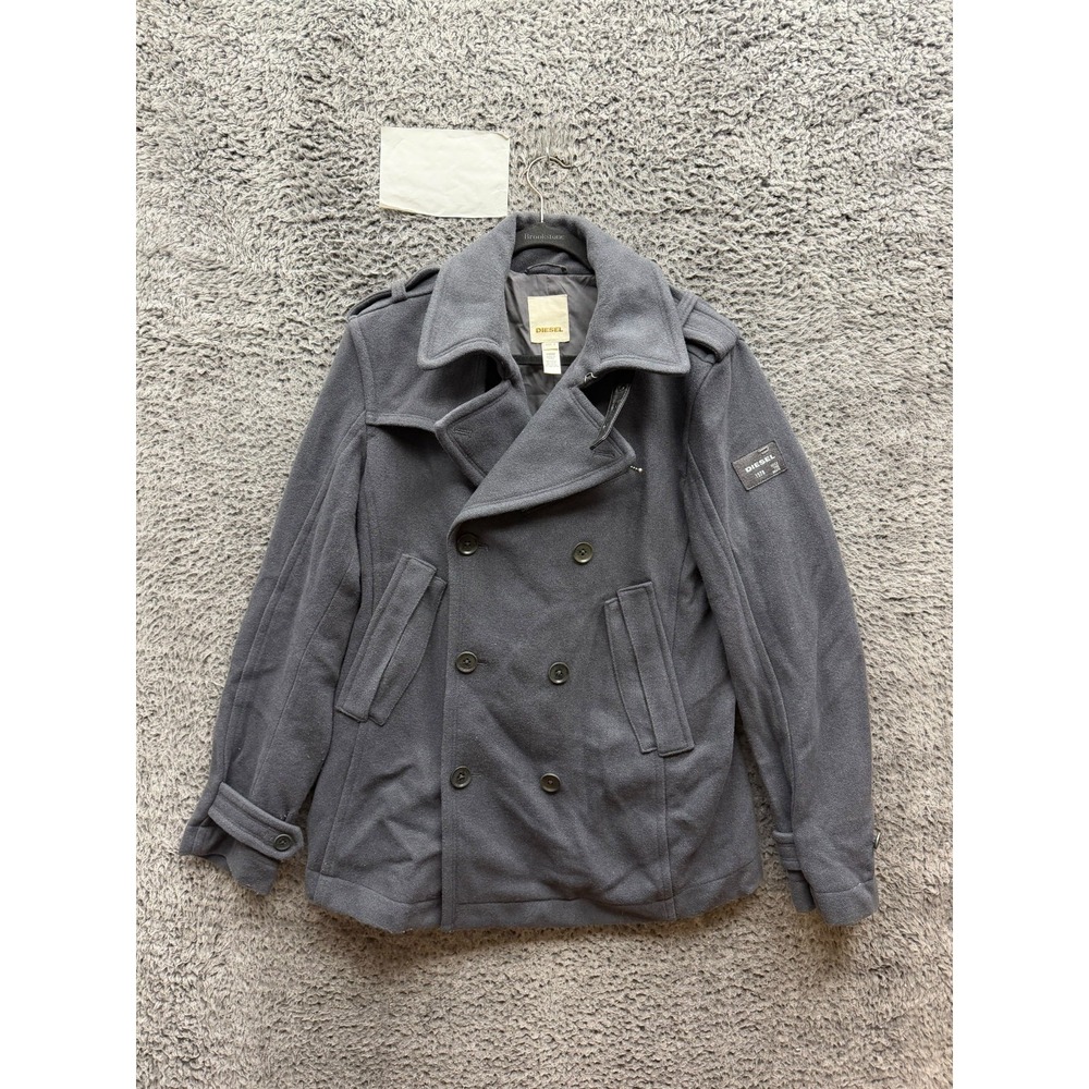 Vintage Diesel Wool-Blend Leather Trim Double-Breasted Pea Coat Grey Mens Size L